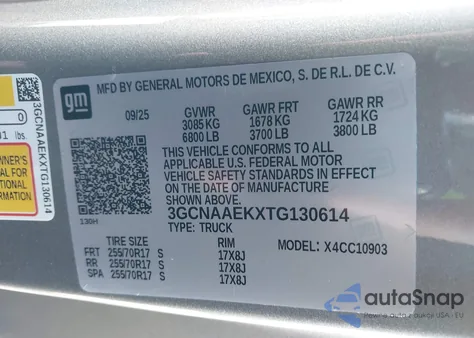 2026 Chevrolet Silverado 1500 2Wd Long Bed Wt z USA, uszkodzony, nr VIN 3GCNAAEKXTG130614